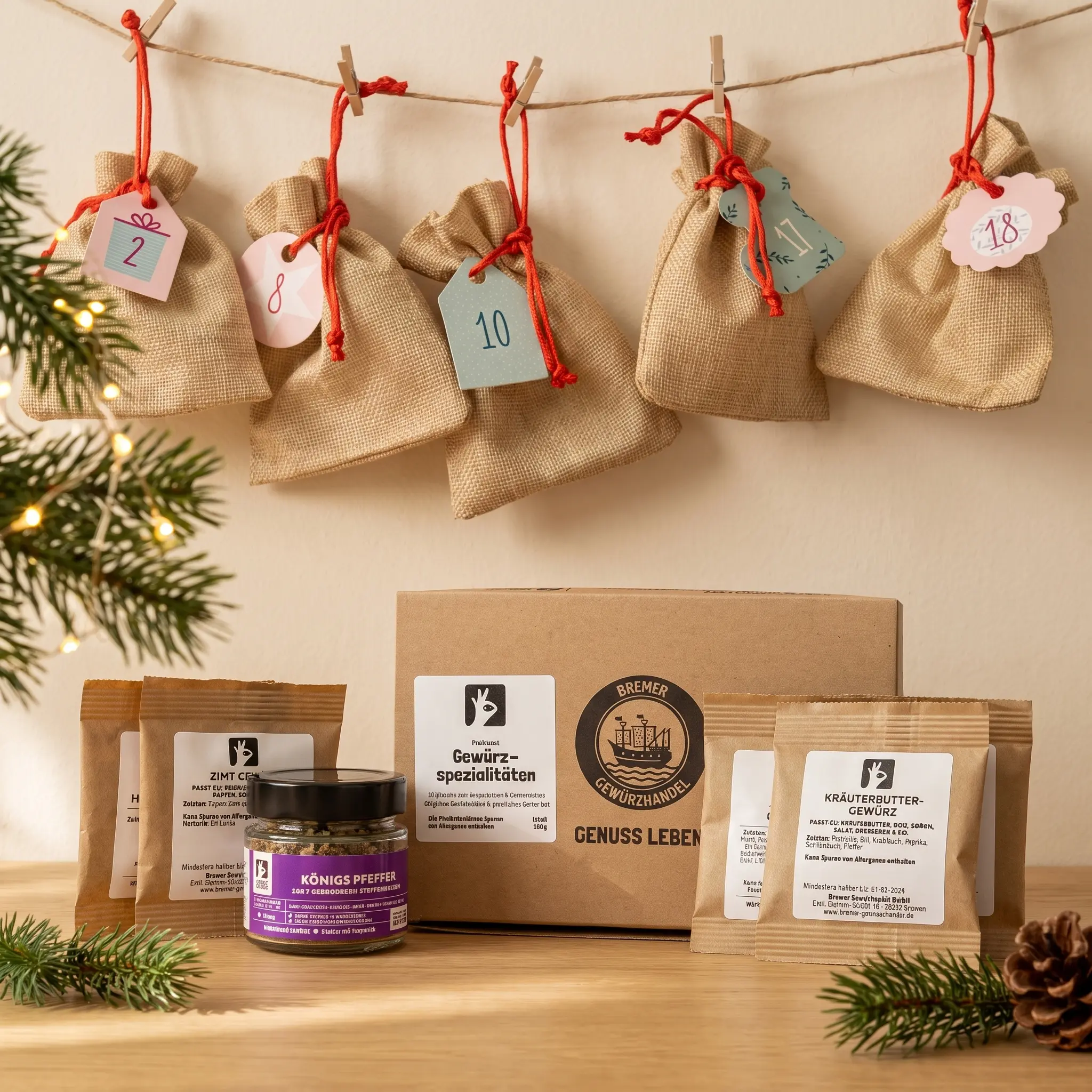 Adventskalender-Komplettset mit Stoffbeuteln, Anhängern, Kordel und Gewürz- bzw. Snack-Tütchen